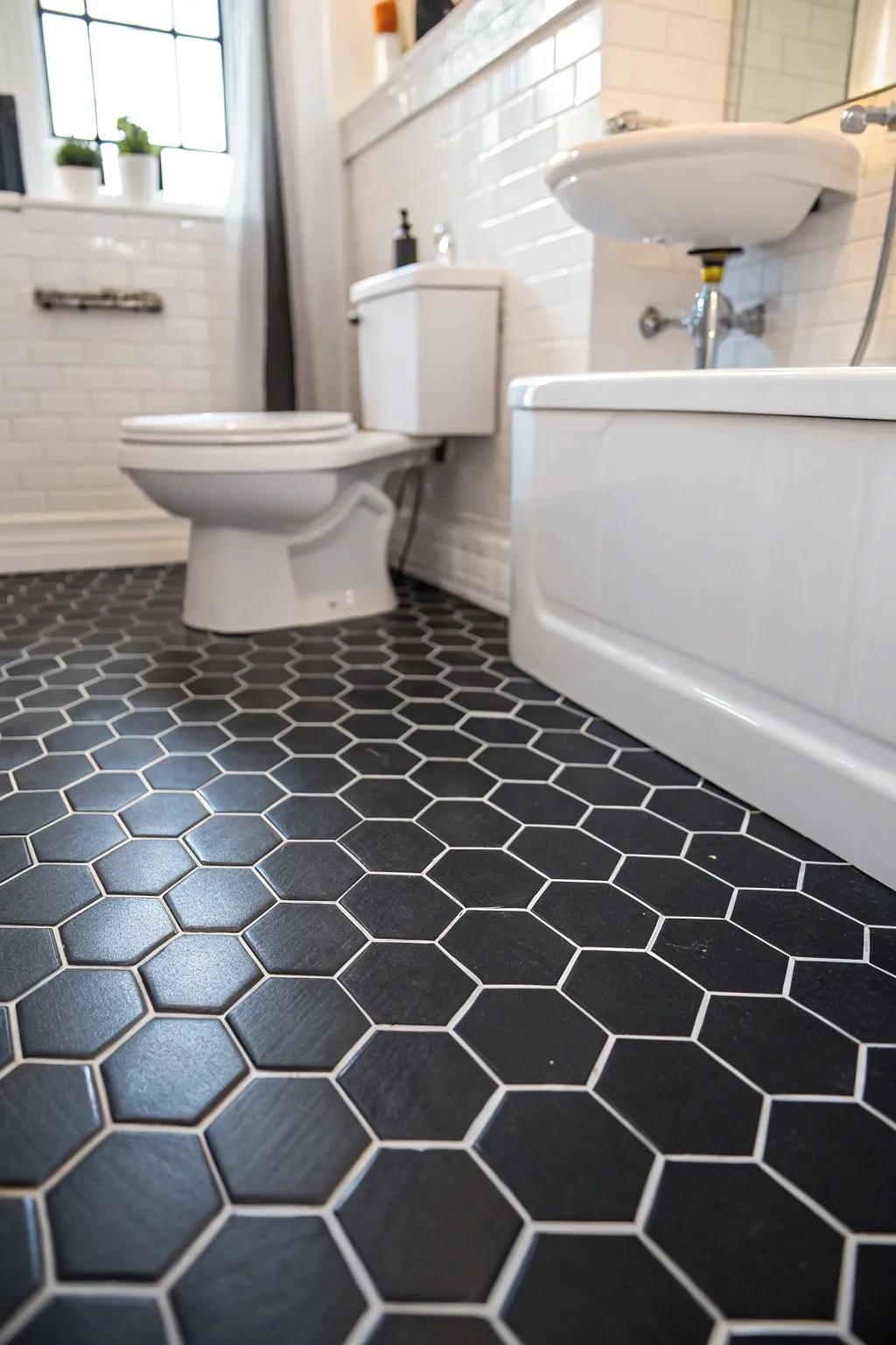 Dark hex tiles add architectural elegance to this bathroom floor.
