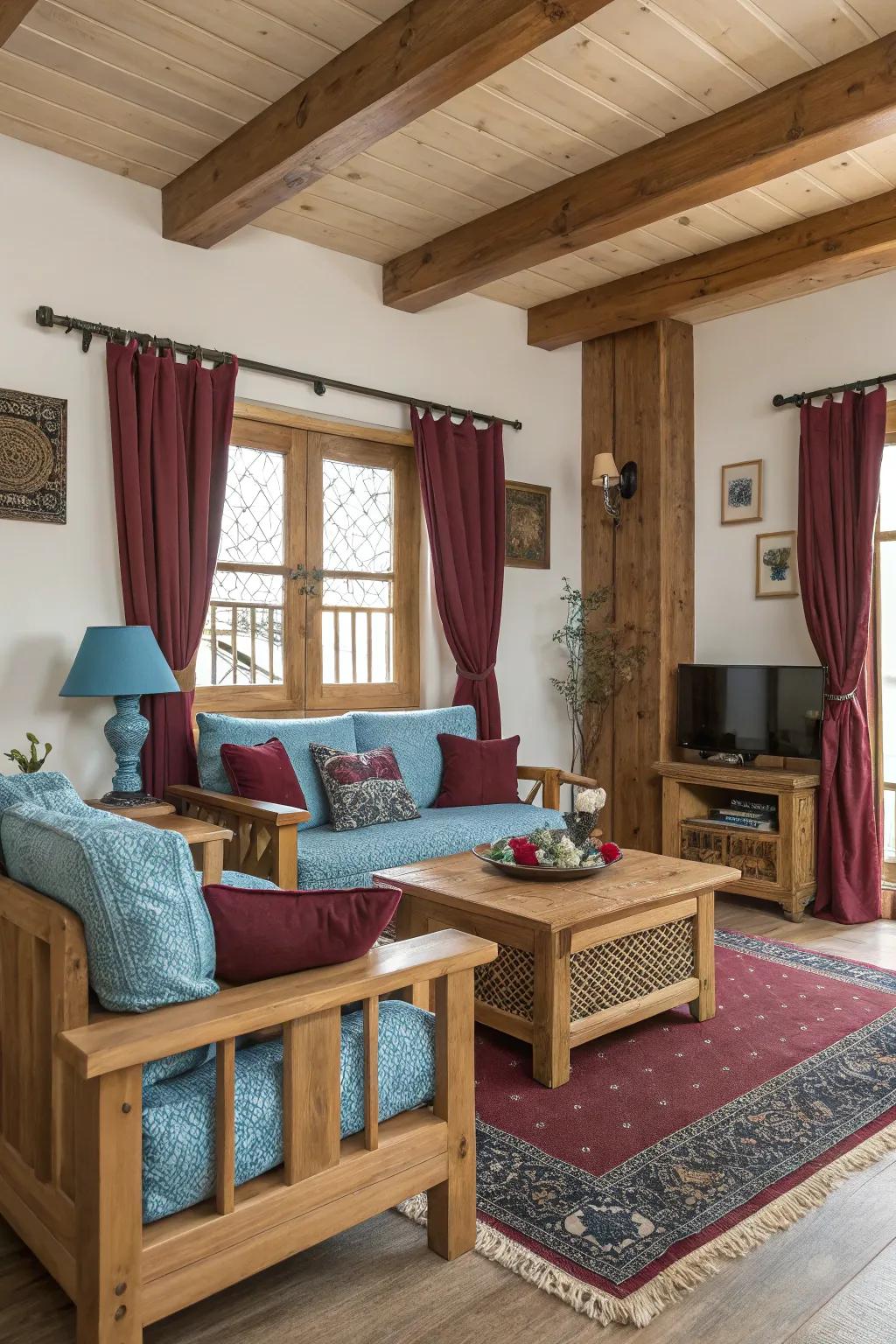 Natural wood elements harmoniously balance the sapphire and wine decor.