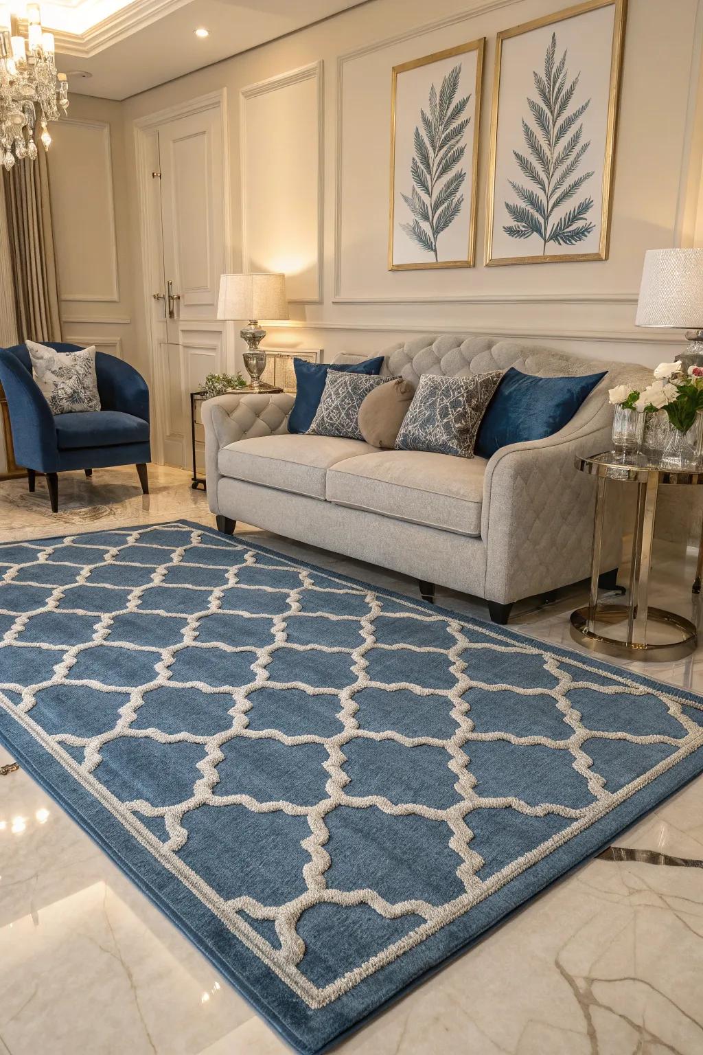 An indigo and silver rug grounds this stylish living room, serving as a visual centerpiece.