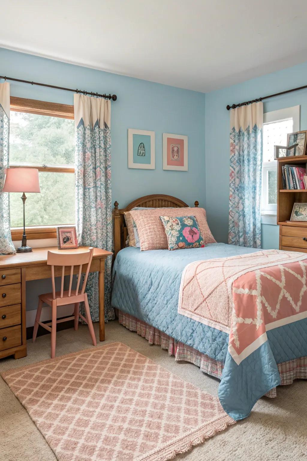 Blue integrated with warm neutral colors develops a balanced area.