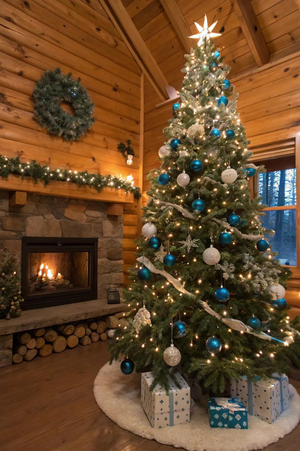 A rustic appeal with azure and white decorations.