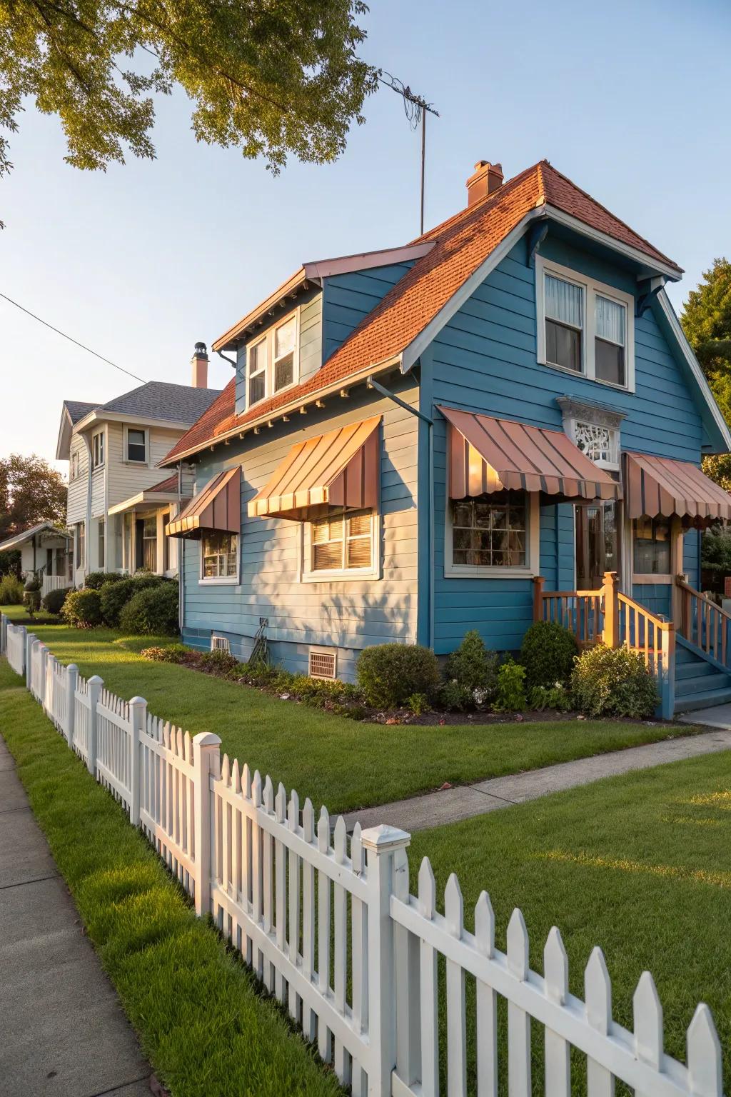 Bronze accents offer a warm contrast to blue exteriors.