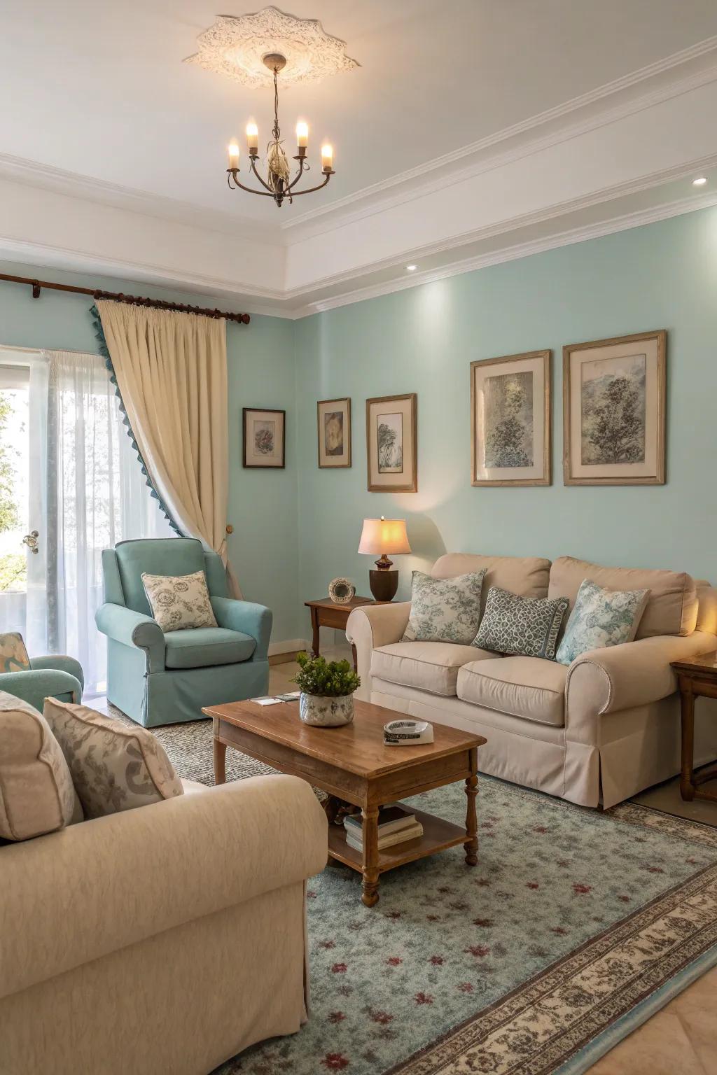 Subtle blues create a soft and serene atmosphere in this tranquil living room.