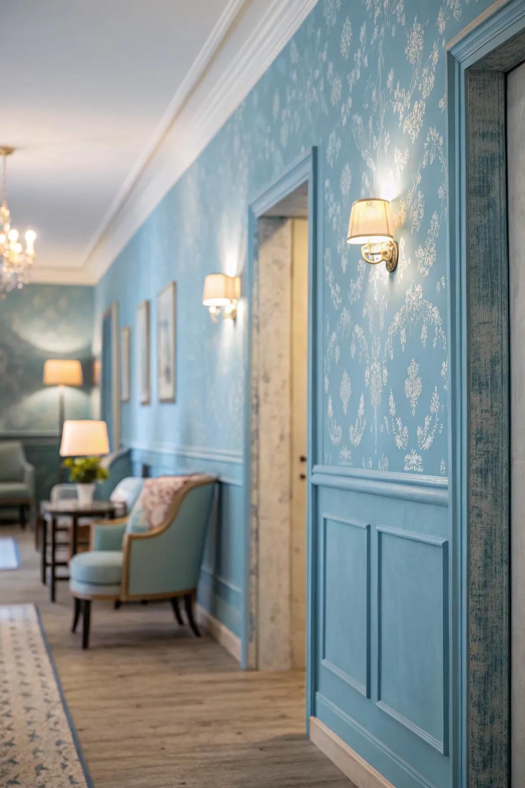 Peaceful azure wall covering transforms any space into a soothing retreat.