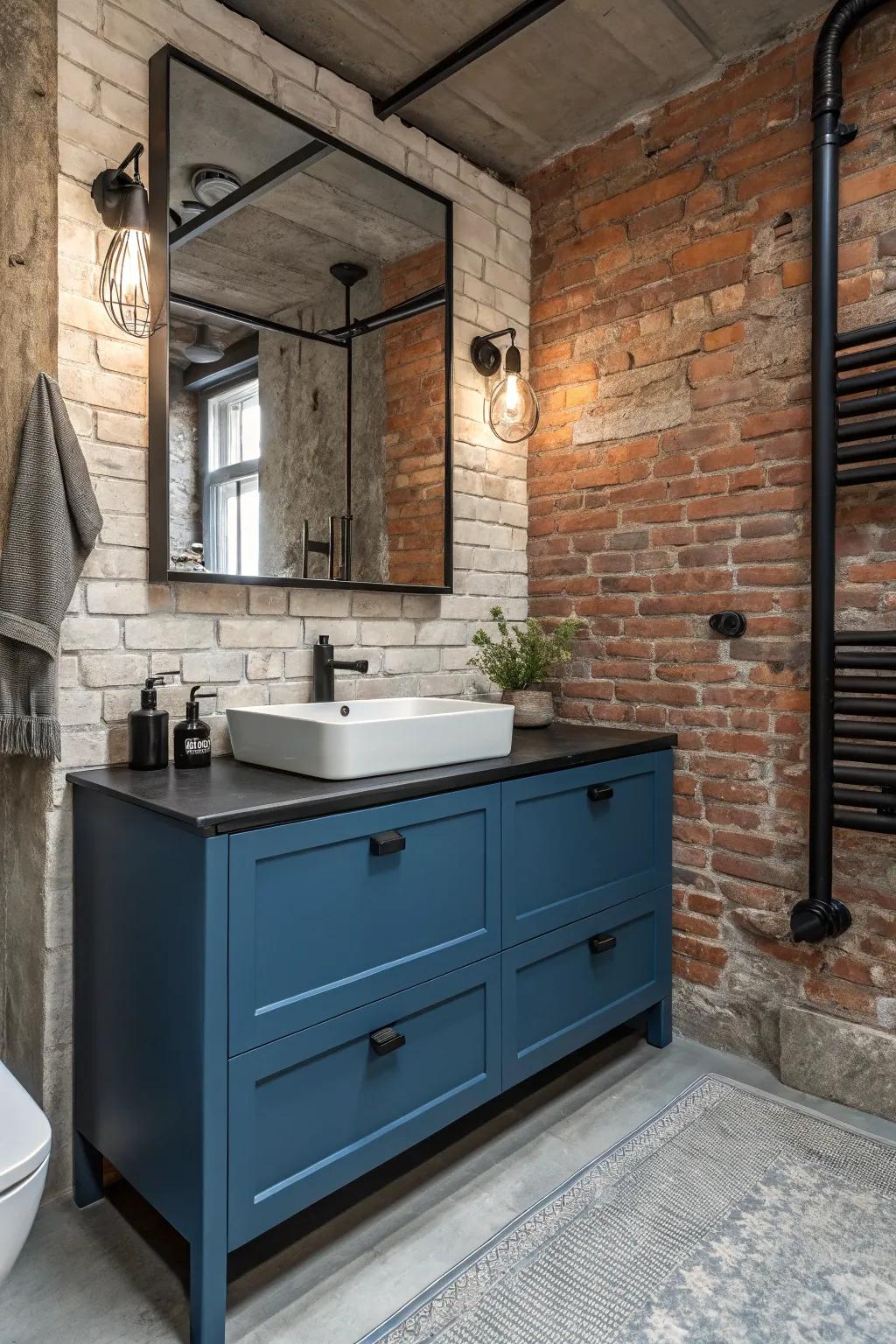 Mechanical elements add an edgy touch to a blue sink unit.