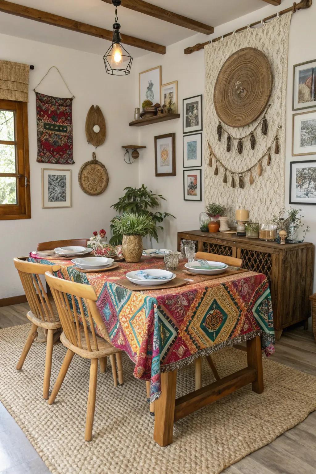 Country elements harmonizing with boho decor in a dining space.