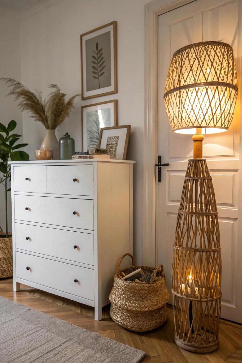 A statement woven lamp casts beautiful shadows, enhancing the boho vibe.