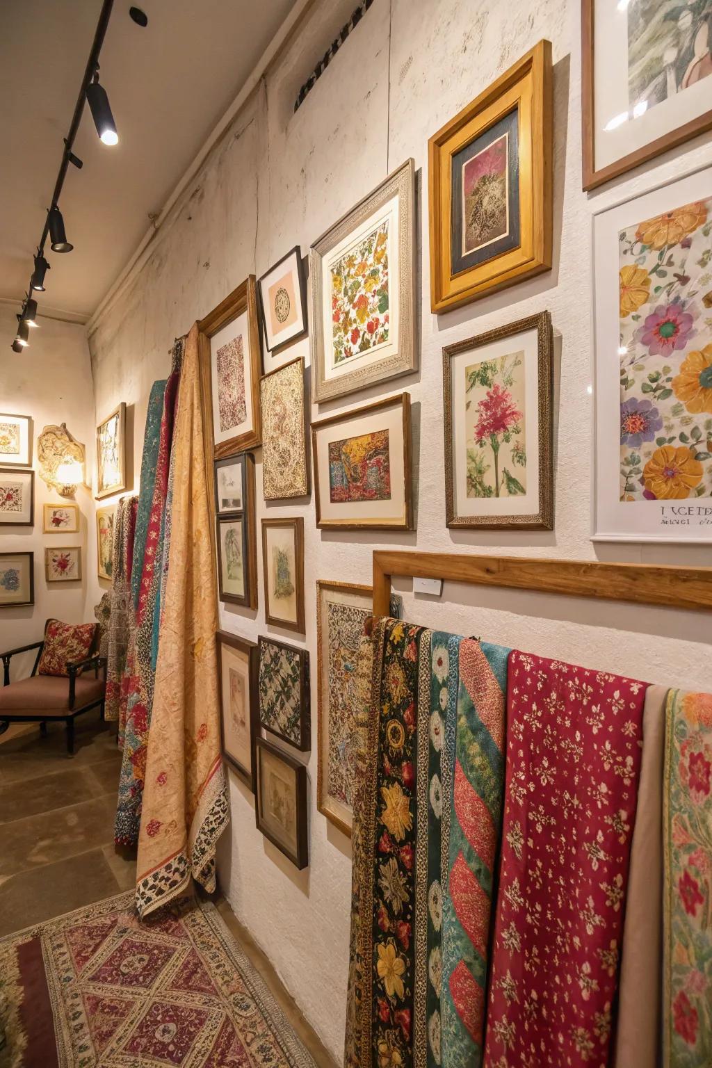 This bohemian wall is given history and charm by framed vintage fabrics.