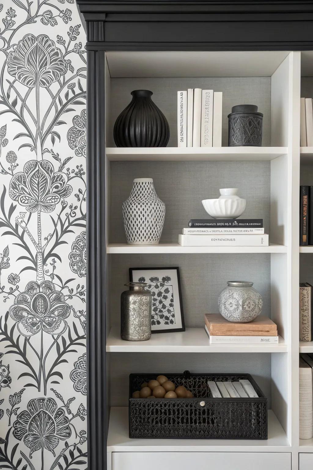 <strong>Bookshelf</strong> featuring black and white wallcovering for a modern, contrasting style.&rdquo; loading=&rdquo;lazy&rdquo; class=&rdquo;pimg&rdquo;>
	</picture><figcaption><strong>Bookshelf</strong> featuring black and white wallcovering for a modern, contrasting style.</figcaption></figure>
<p>Black and white wallcovering can establish striking visual contrasts. I appreciate how it introduces a modern edge to any space, suitable for monochromatic themes.</p>
<h3>Check if these fit your needs:</h3>
<ul class=