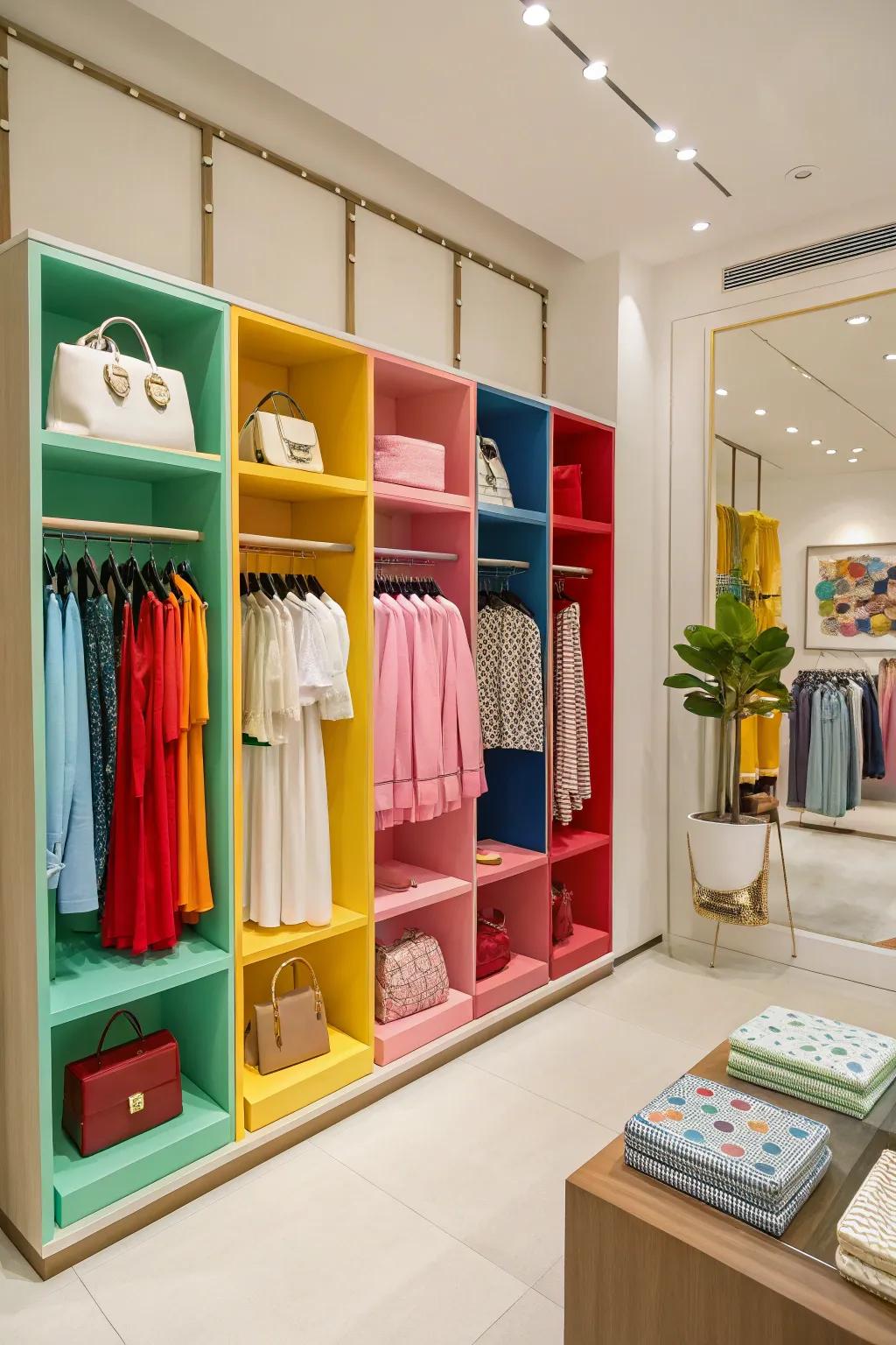 A shop interior with color-blocked displays, creating an organized and visually appealing setup.
