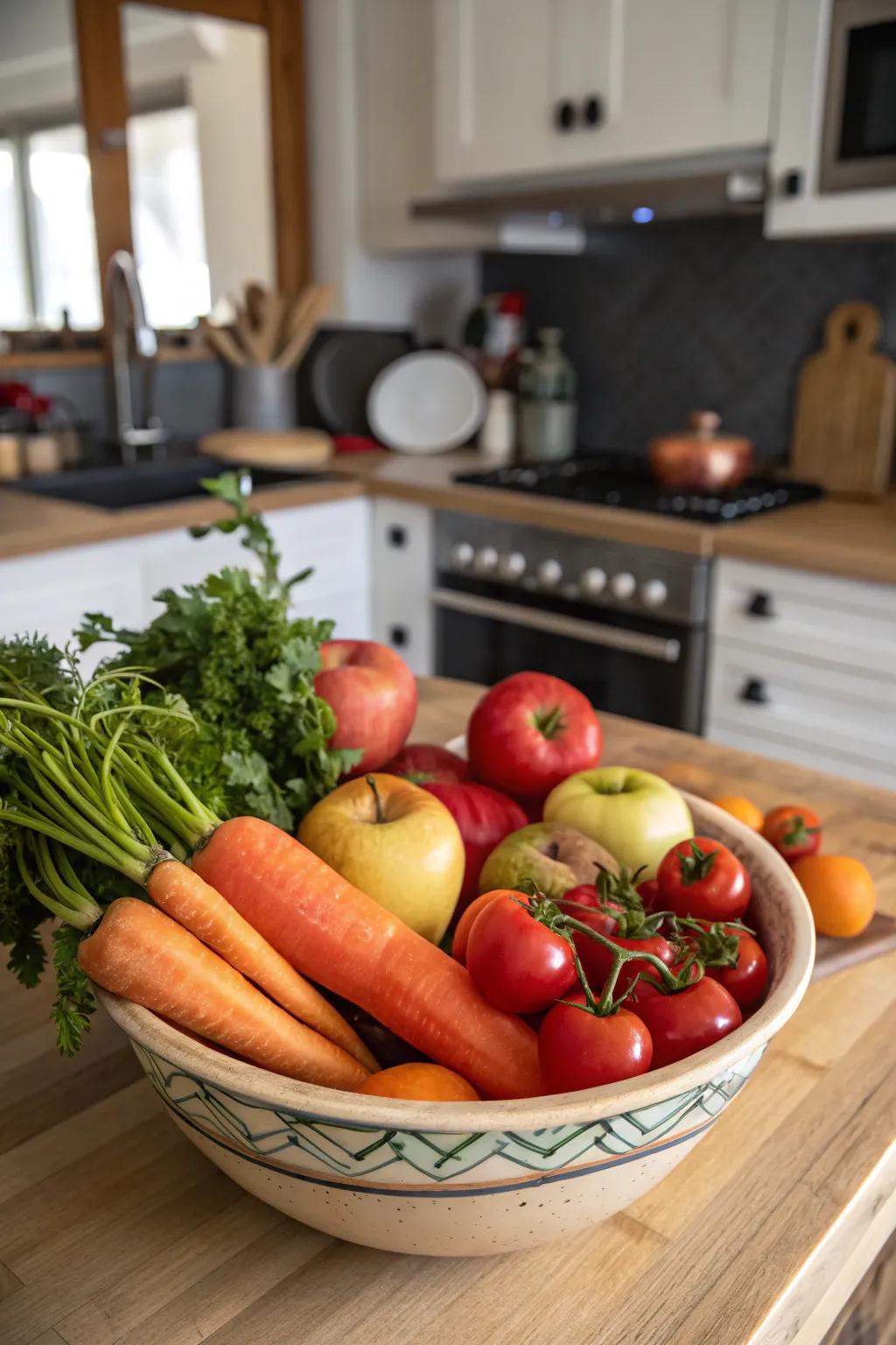A bowl filled with fresh fruits, adding color and functionality