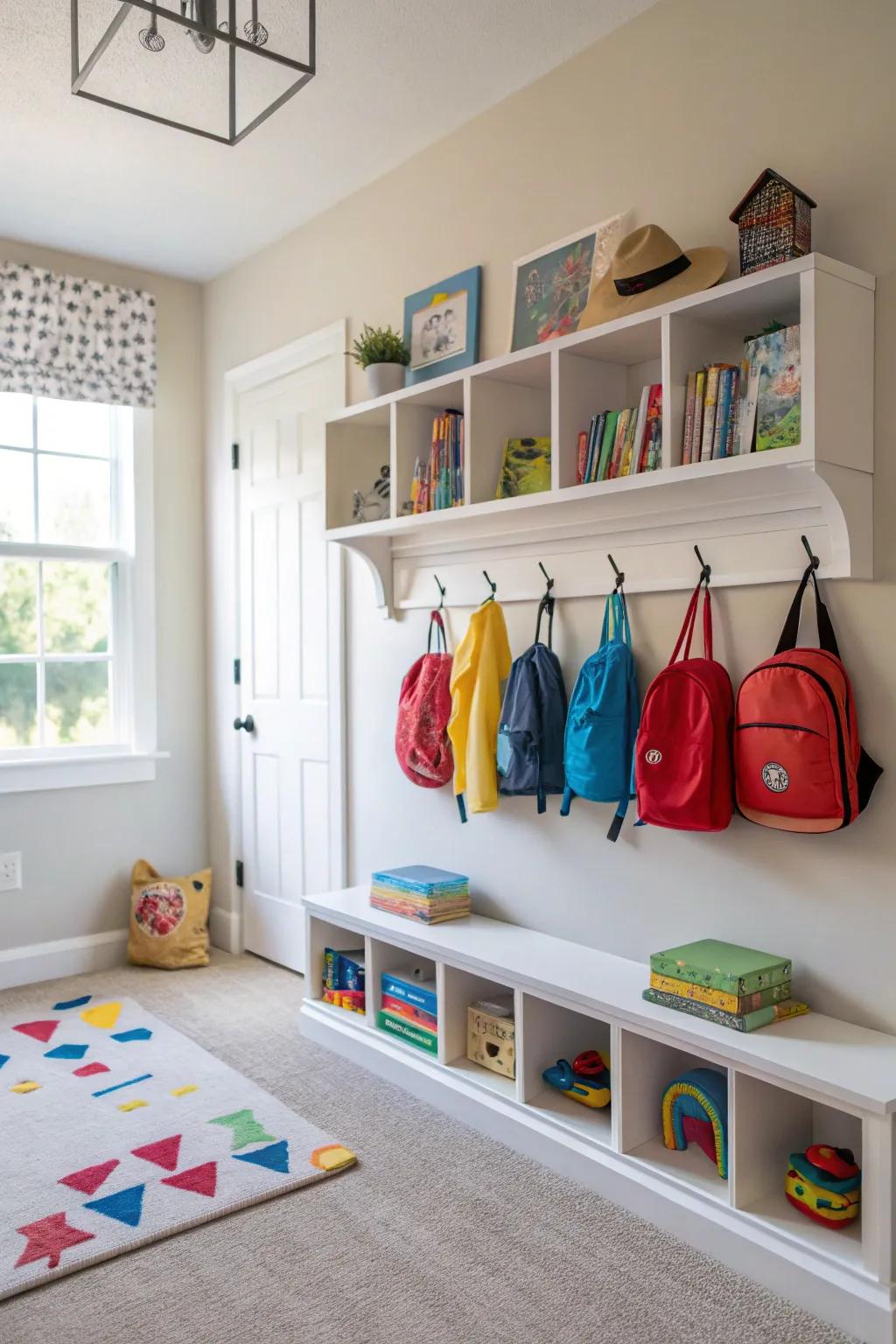 Optimizing upward space for a tidy and organized playroom.