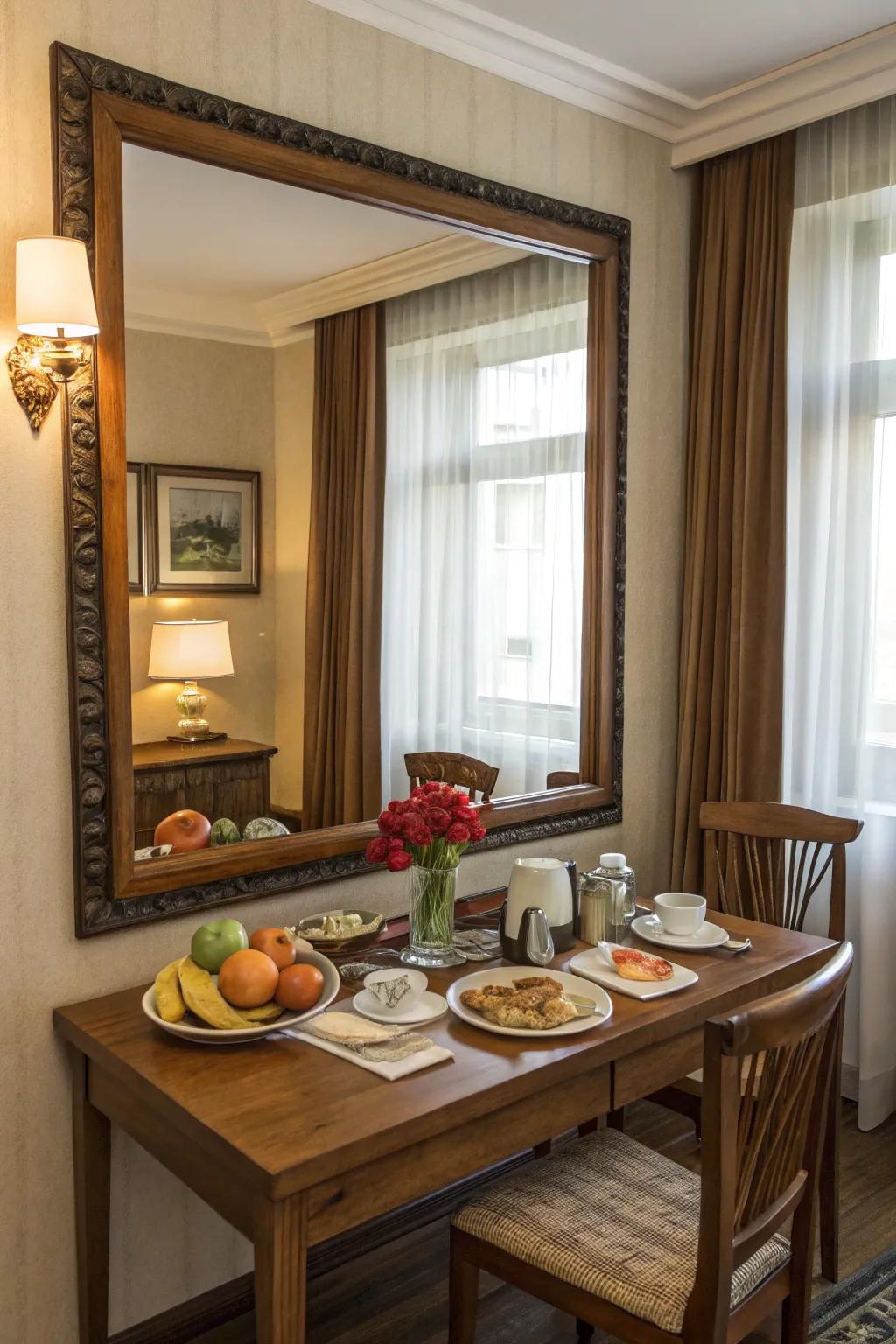 A mirror can reflect light and make the space appear bigger.