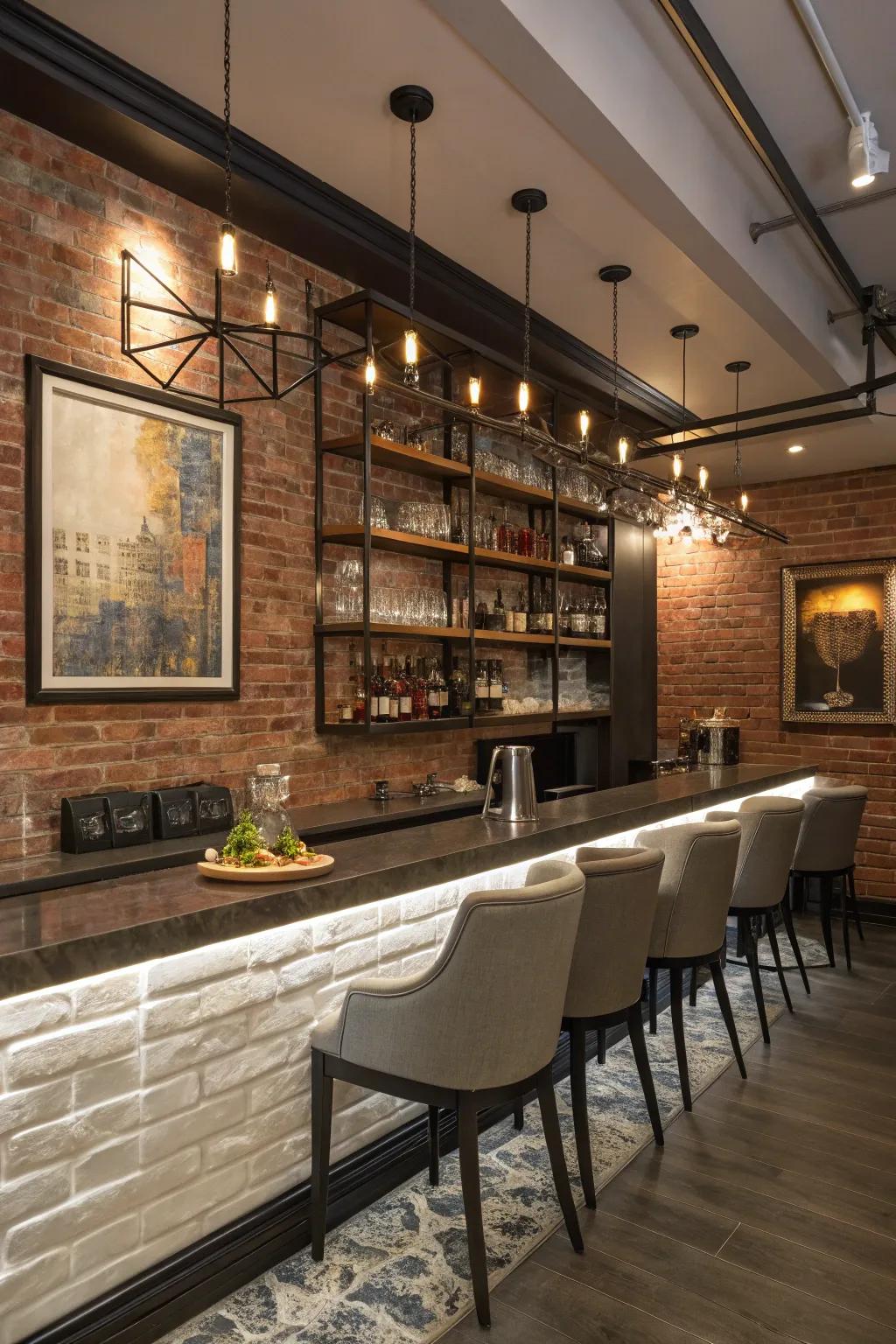 Smart storage solutions maintain a neat and stylish brick wall bar.