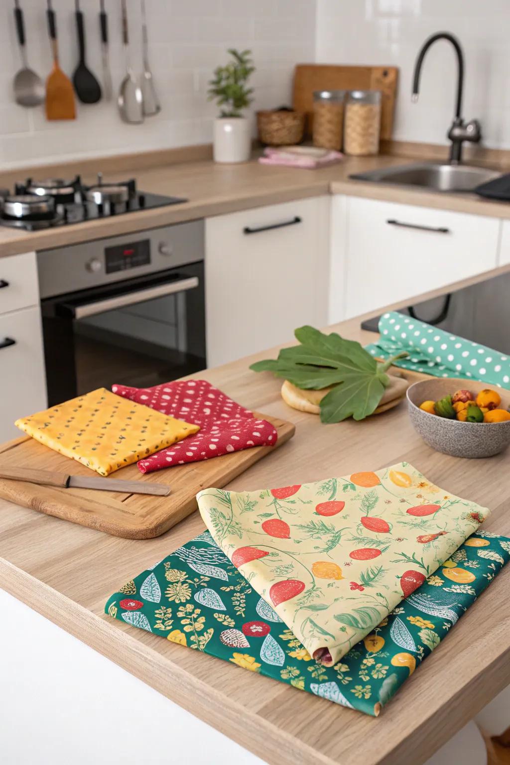 Eco-friendly beeswax cloths for sustainable kitchen solutions.