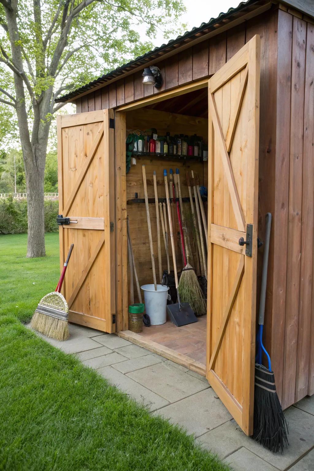 Outdoor sheds give large area for larger cleaning implements.