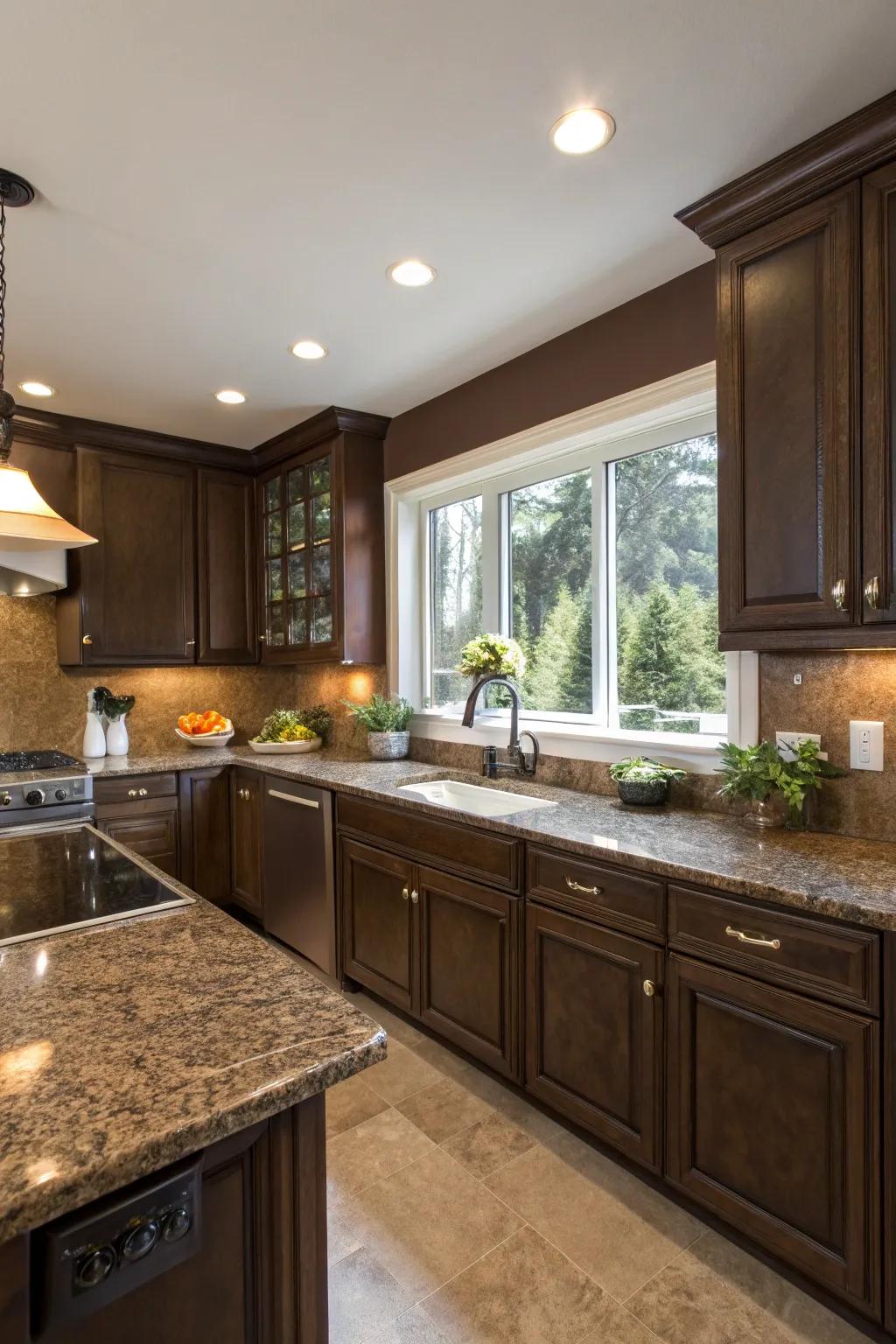 The opulent feel of brown granite is enhanced by espresso walls.