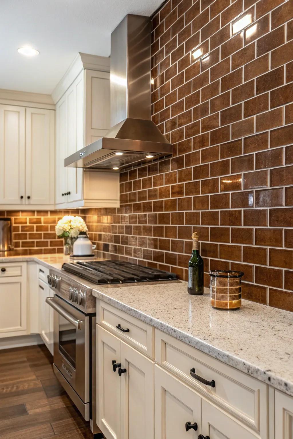 A sienna backsplash introduces texture and magnitude to the kitchen.