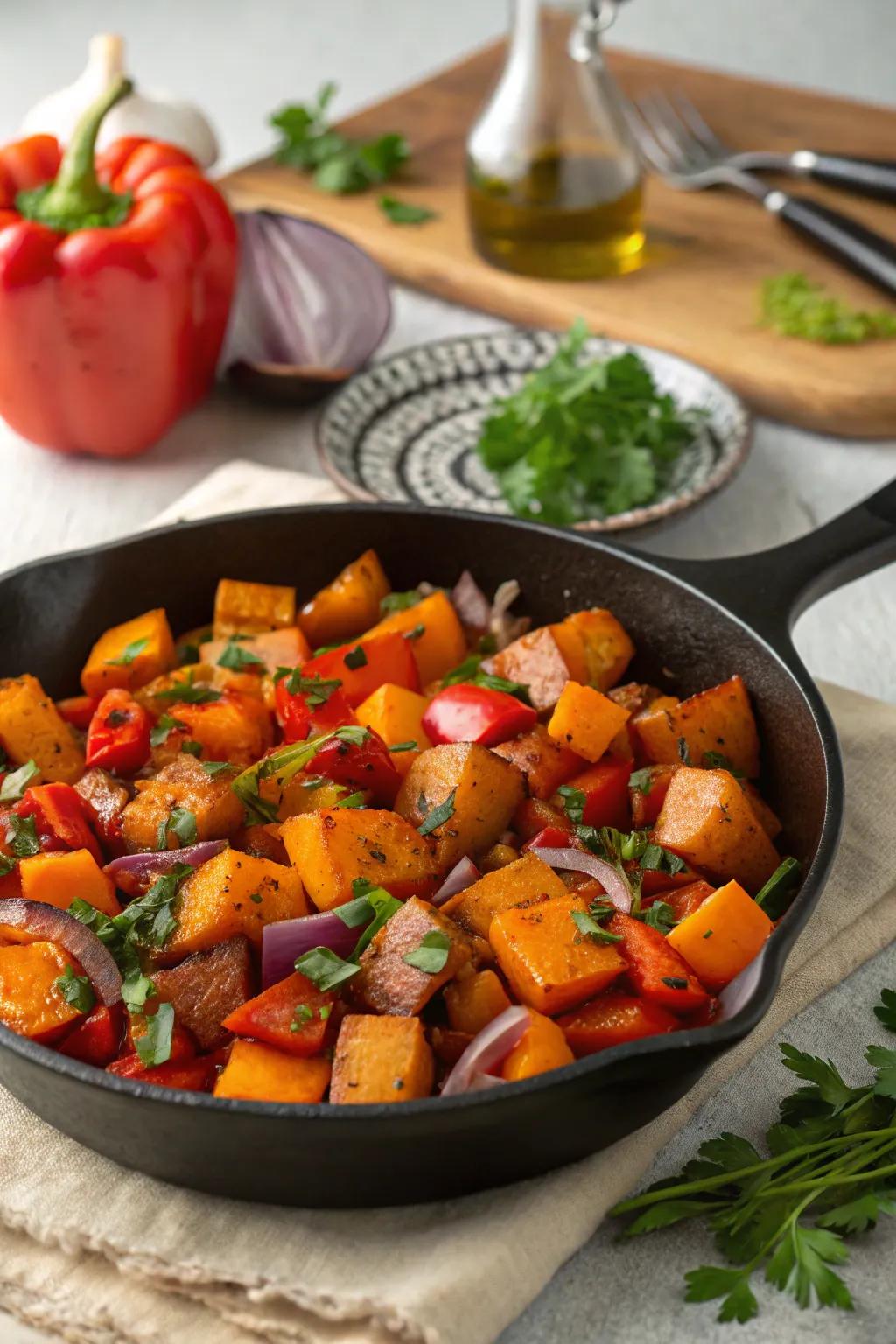 Root vegetable mix: a hearty and vibrant brunch dish.
