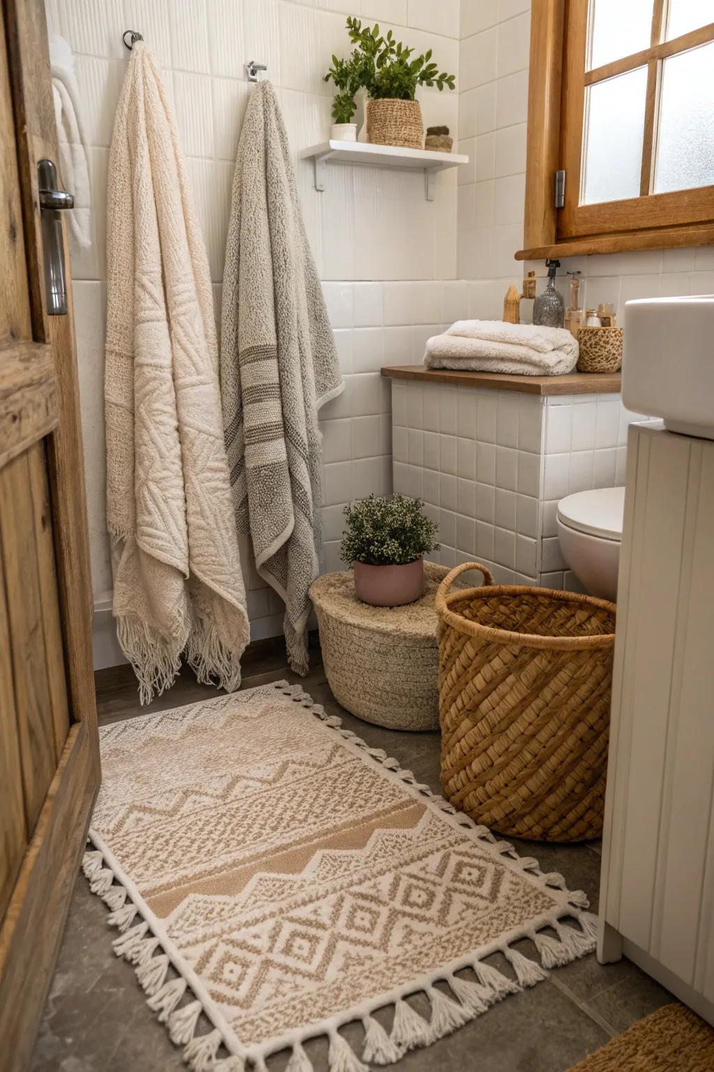 This small bathroom achieves warmth and style through textured accents.