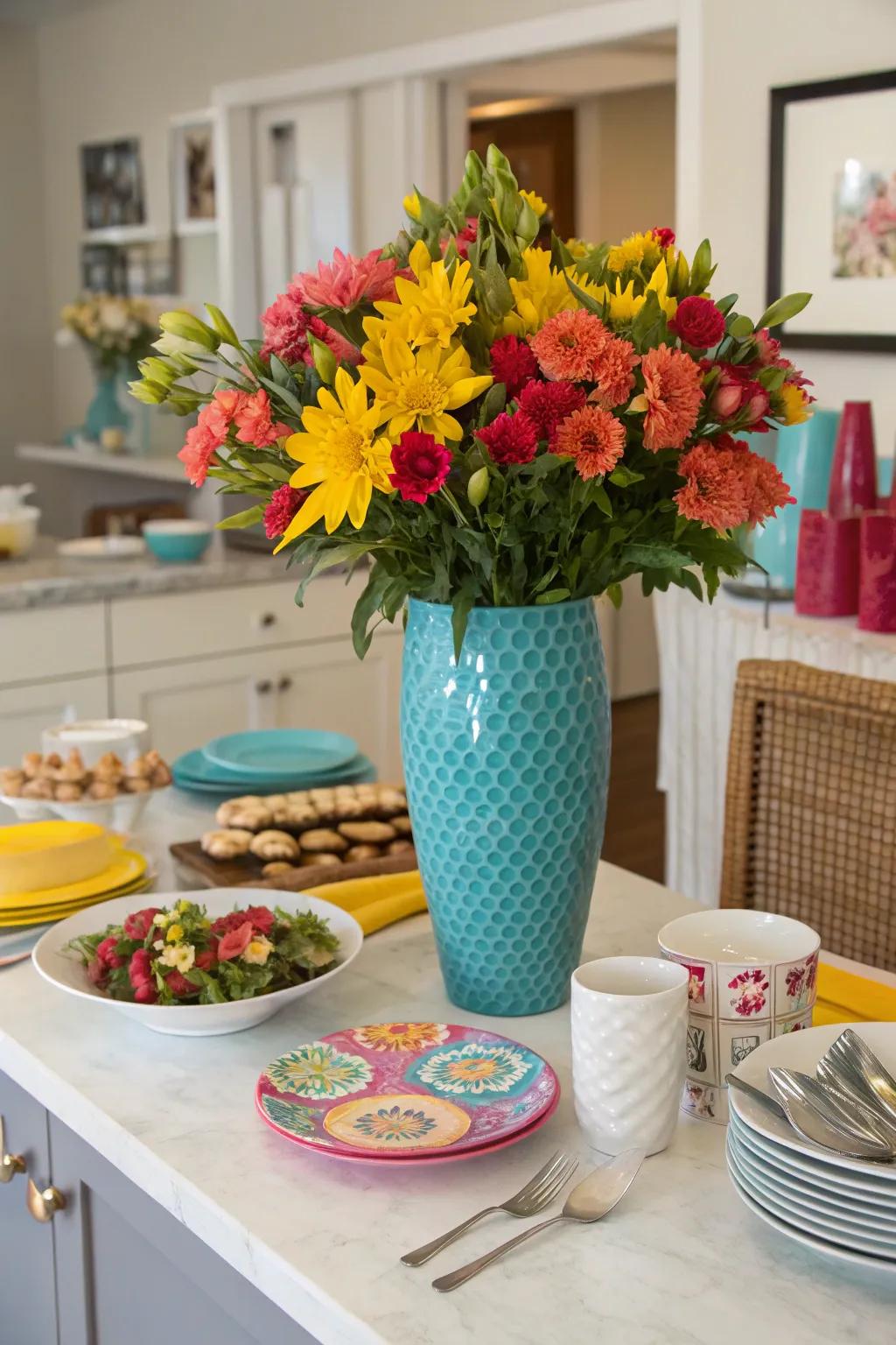 A pop of color enlivens the decor.