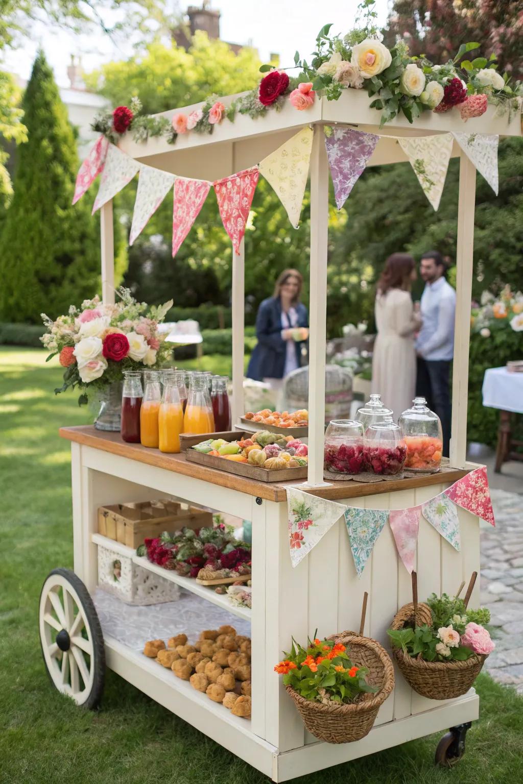 Vendor carts bring charm and functionality to outdoor buffet setups.
