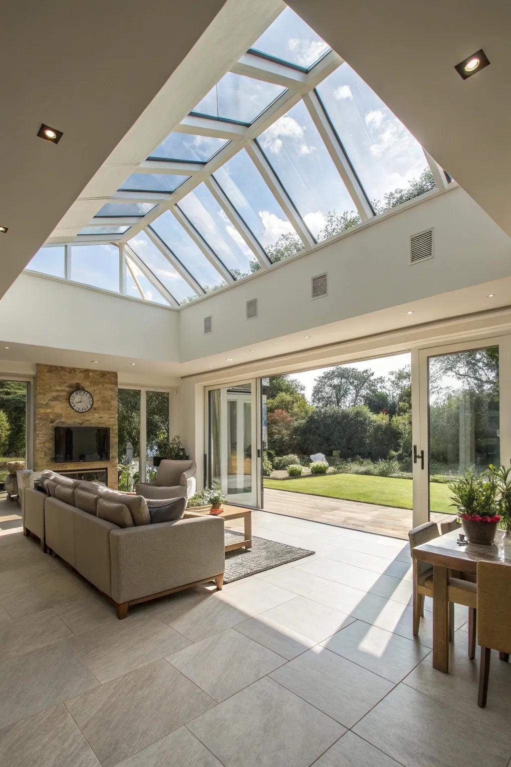 Skylights and unrestricted configurations fashion bright, airy zones that conserve vitality.
