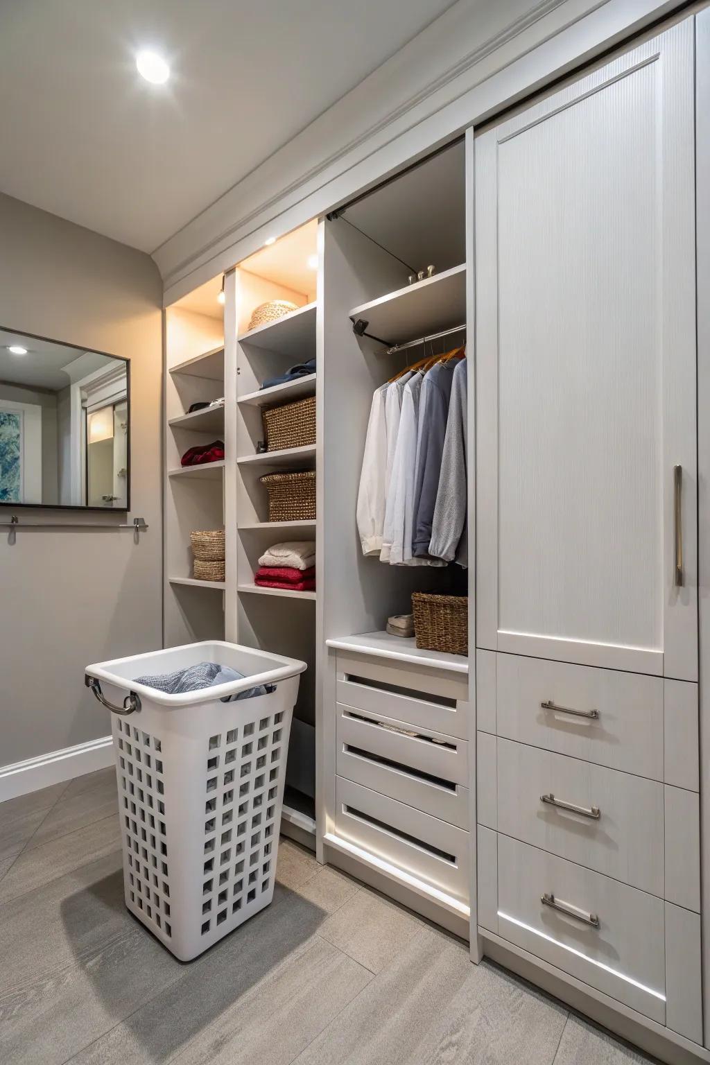 An integrated laundry bin keeps clutter away.