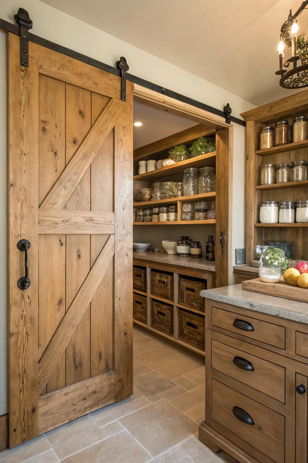 A rustic butler's pantry with a sliding barn door, adding space-saving charm.