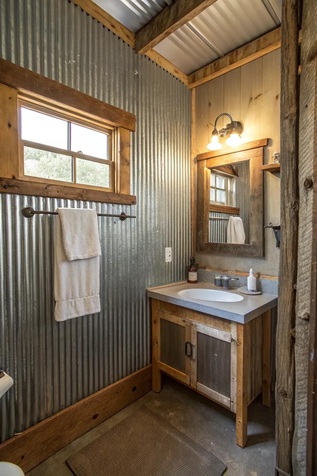 A cabin bathroom features ribbed barn metal walls for an industrial nuance.