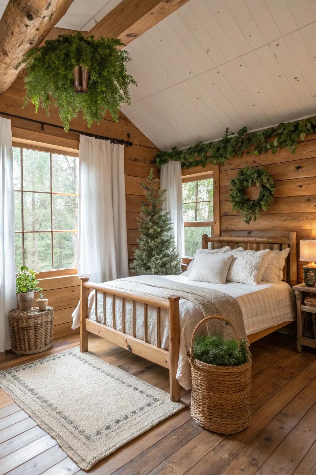 A cabin bedroom features faux greenery and natural decor.