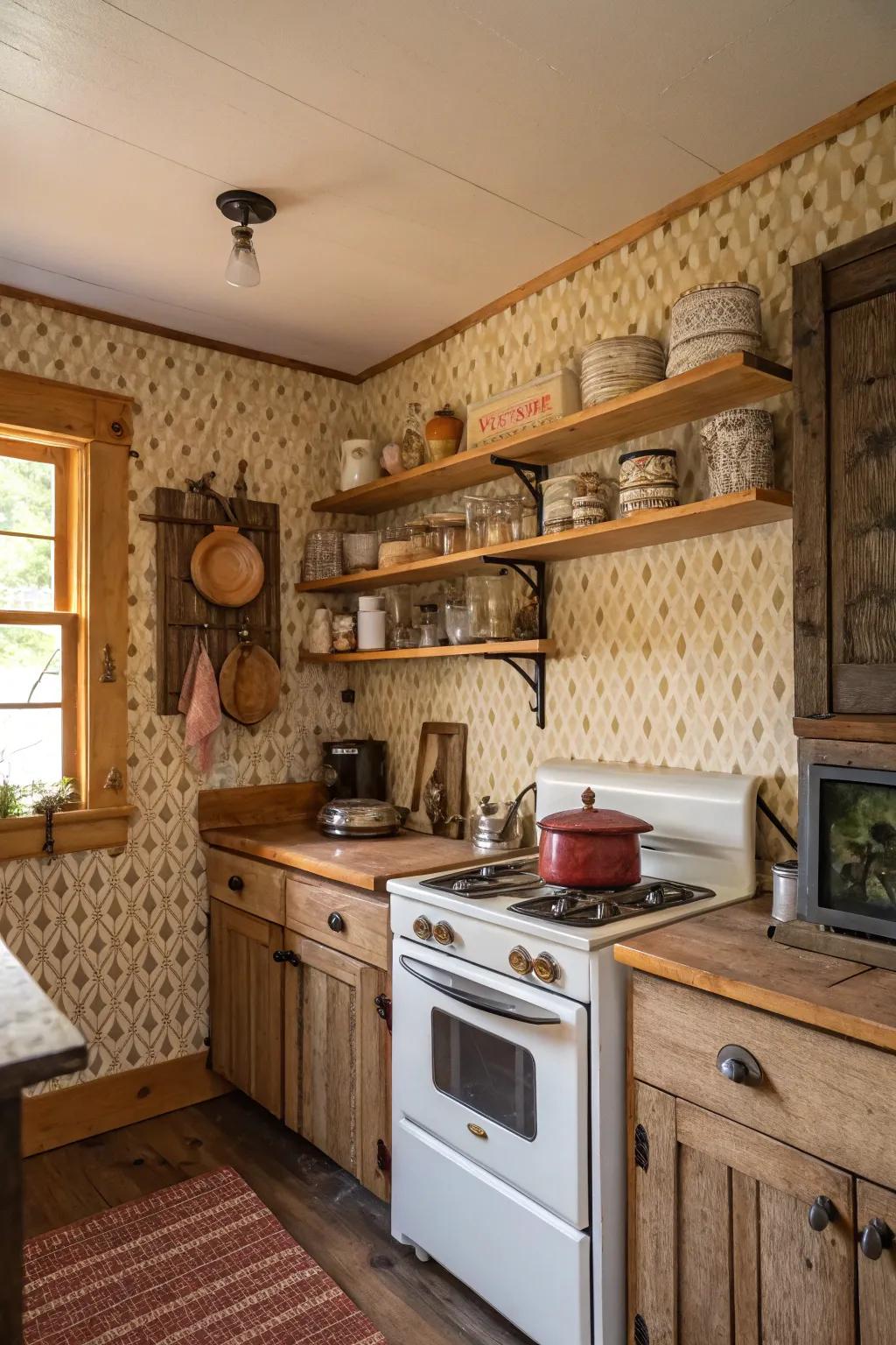 Layered wallpaper adds depth and style to a cabin kitchen.
