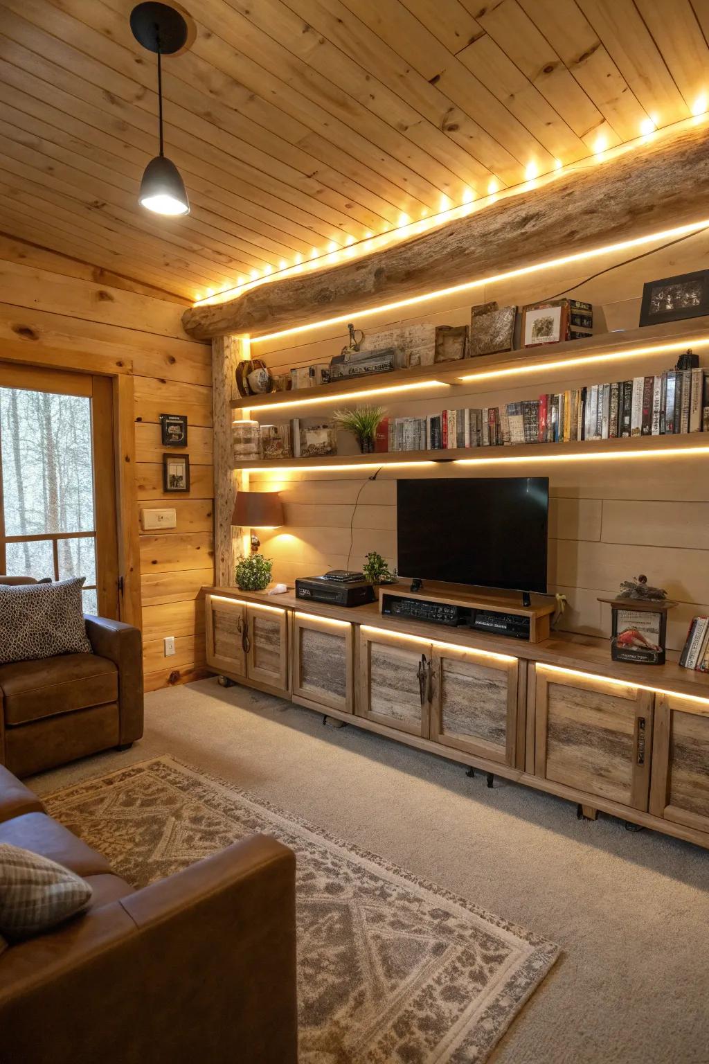 LED strips contributing a modern highlight to a cabin interior.