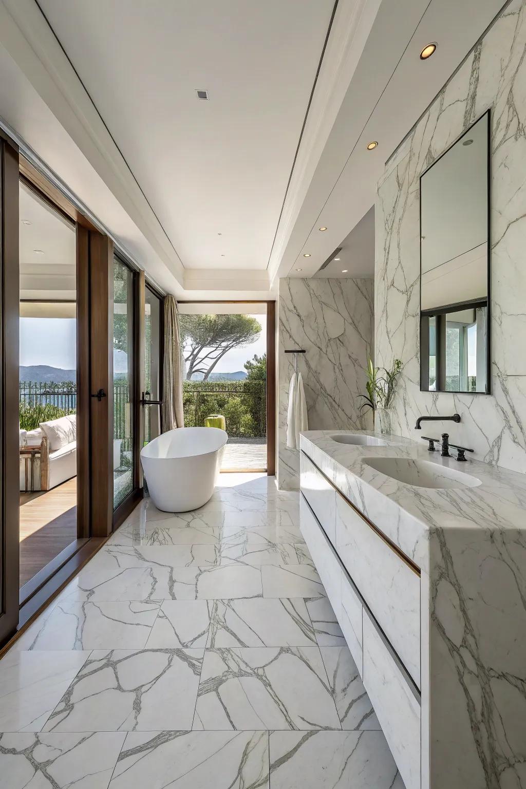 An open-plan bathroom featuring fluid areas with Carrara Essence marble tiles.