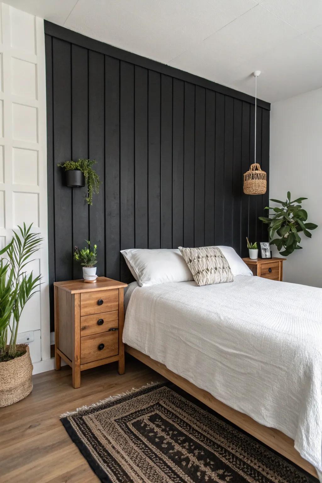 Bedroom with a black accent wall that creates contrast and sophistication.