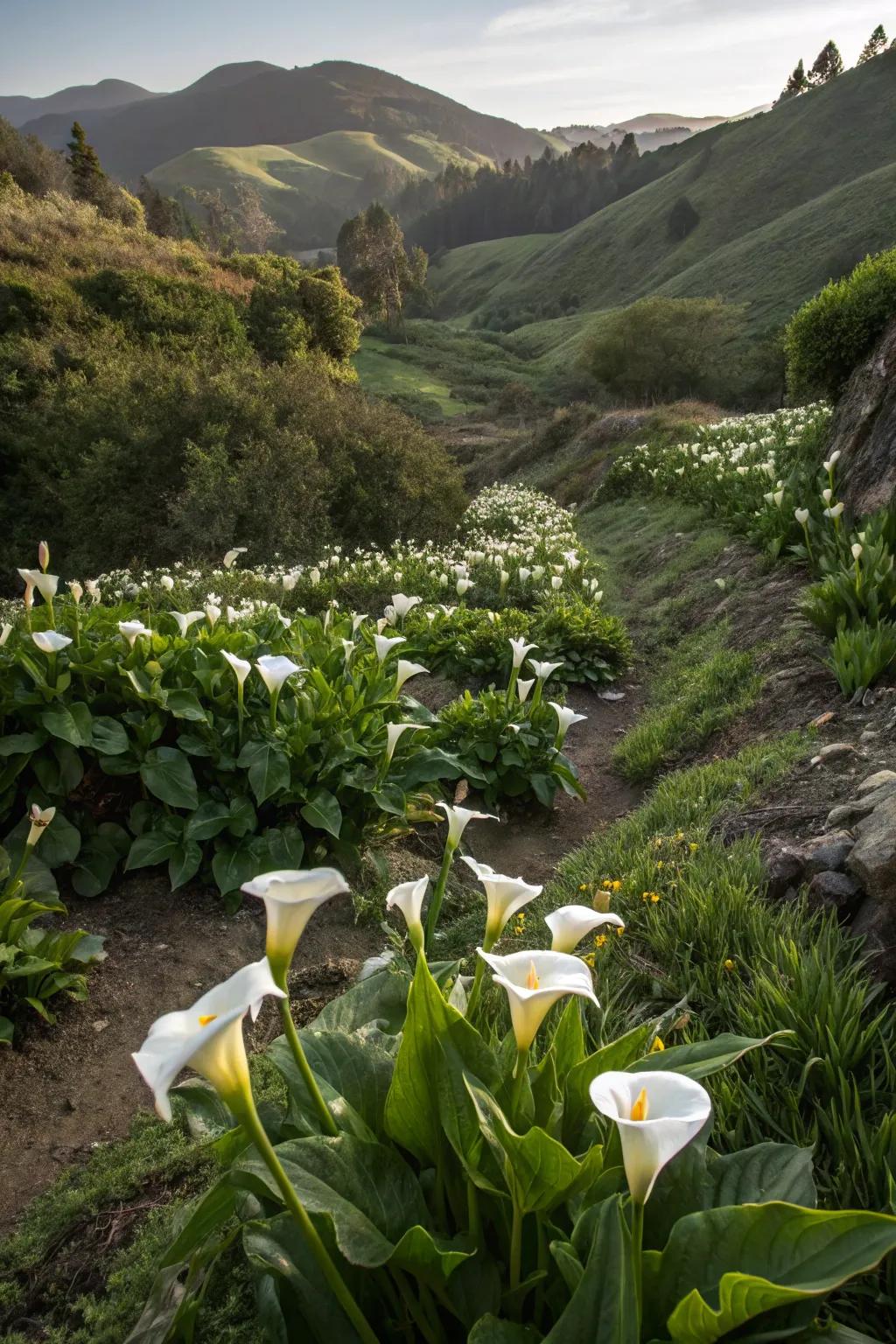 Swan flowers acting as protection against slope erosion in a garden.