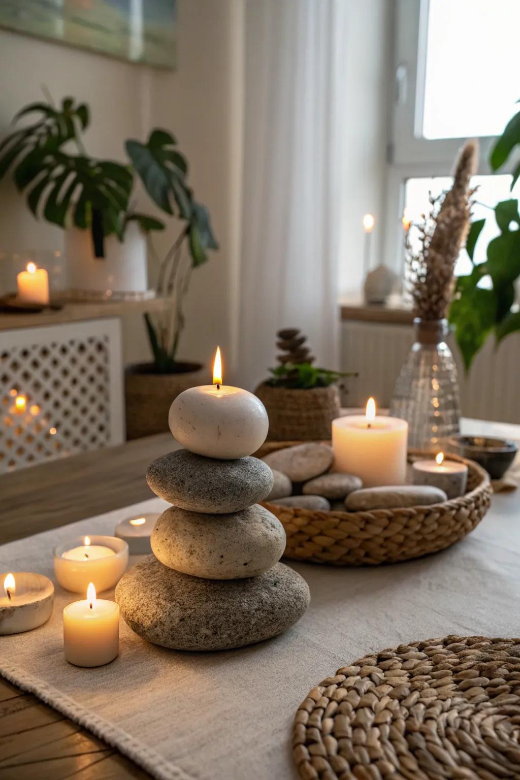 Lights on stones provide a tranquil and Zen-like centerpiece.