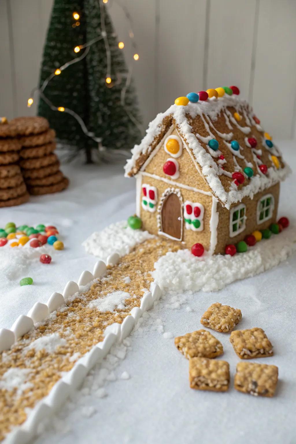 A rustic pathway crafted from crumbled puffed grain guiding to the gingerbread house.