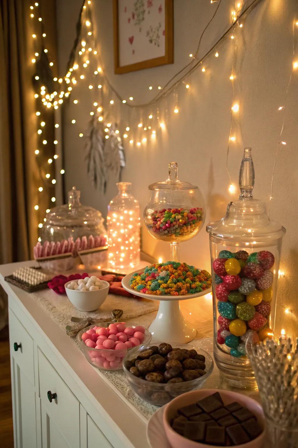 Twinkle lights adding a magical touch to the sweet table