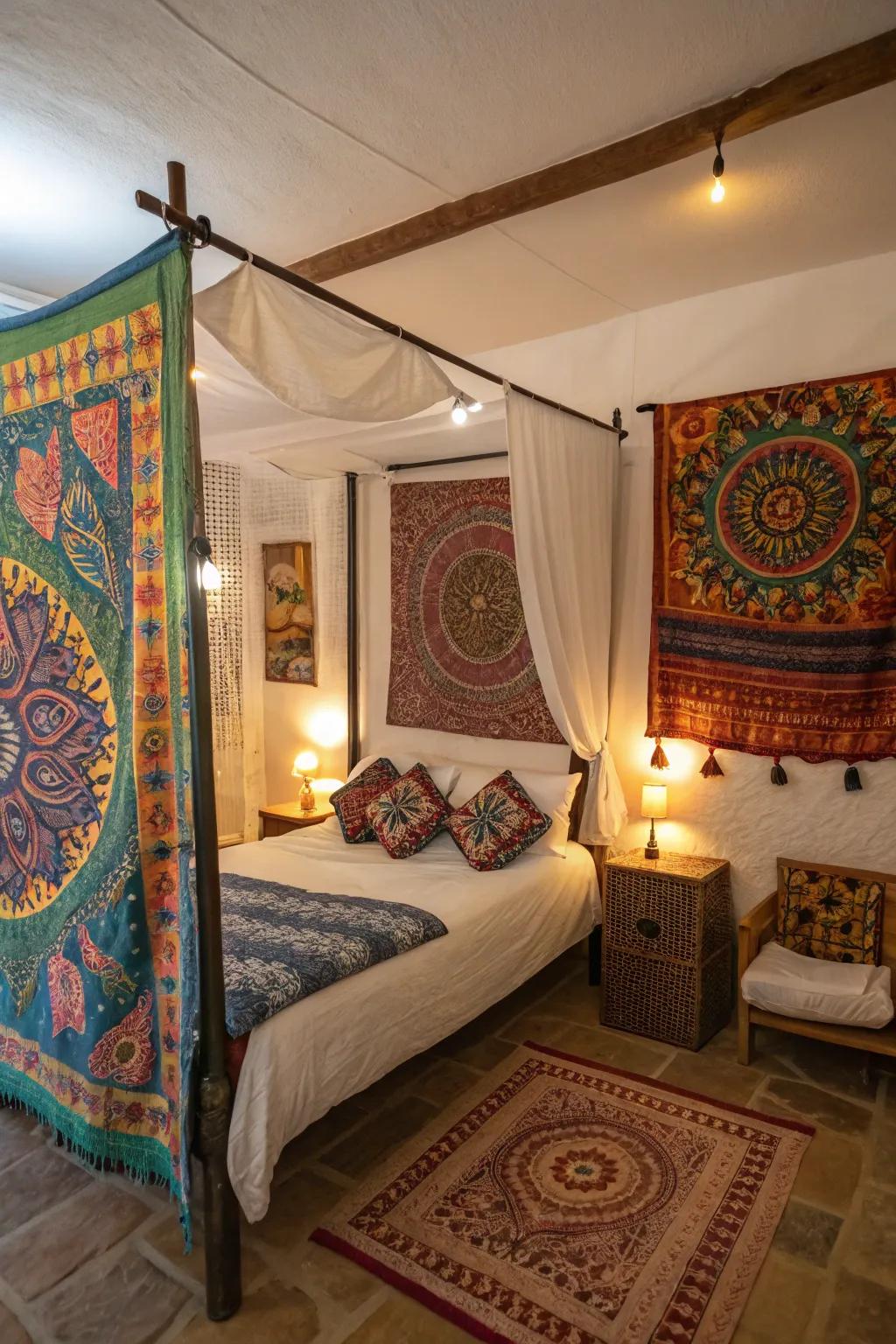 Tapestries employed as a canopy impart a personalized bohemian essence.