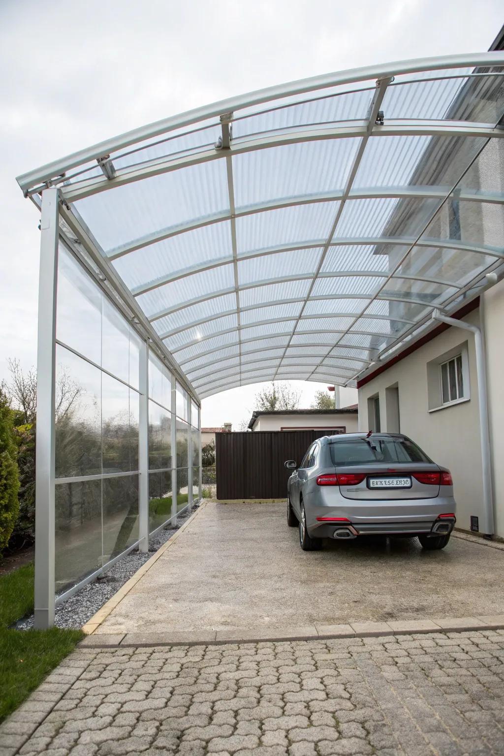 A carport designed to appear floating, offering a modern and enchanting effect.