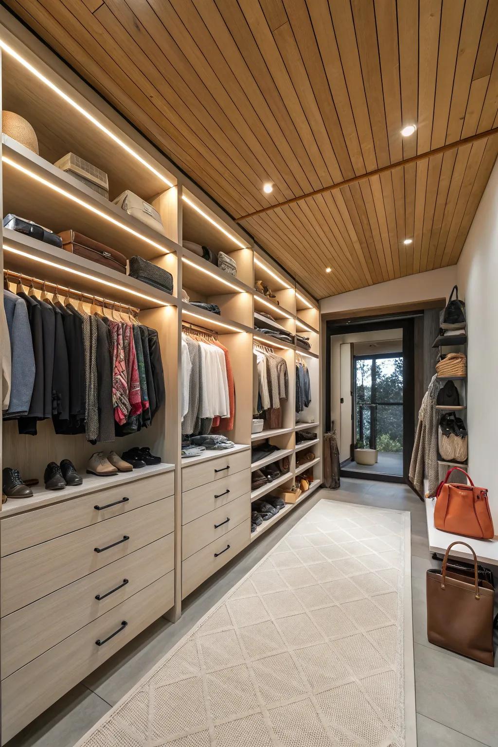 A walk-in closet with a wooden plank ceiling, turning it into a stylish retreat.