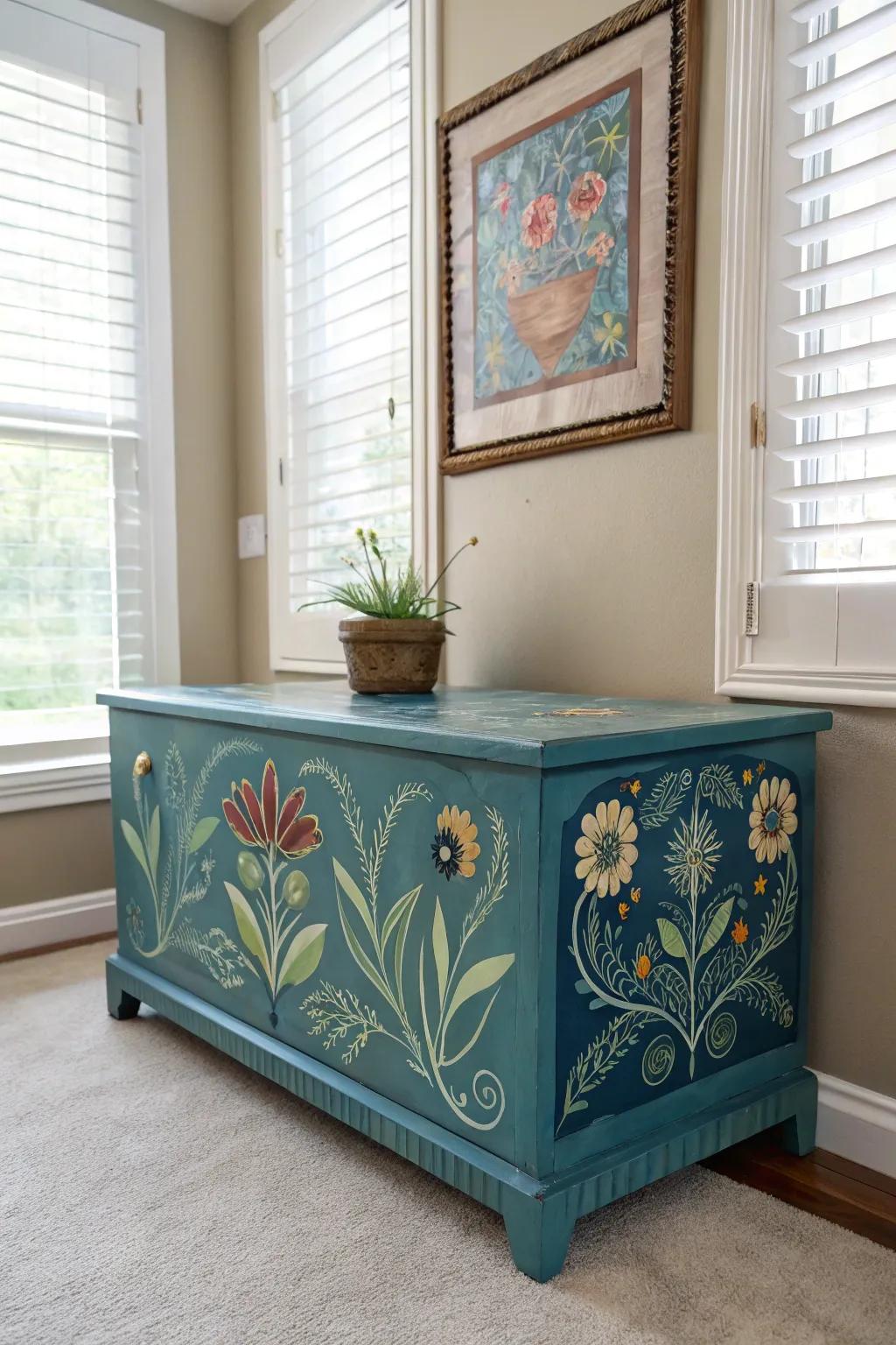 A storage trunk with a creative paint design becomes a striking art piece.