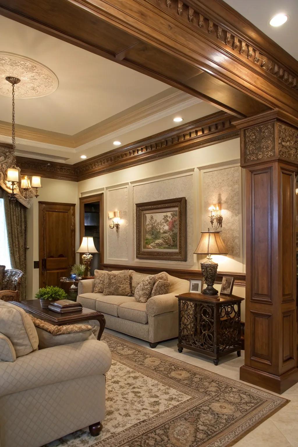 Incorporate warmth and sophistication through colored wood crown molding.