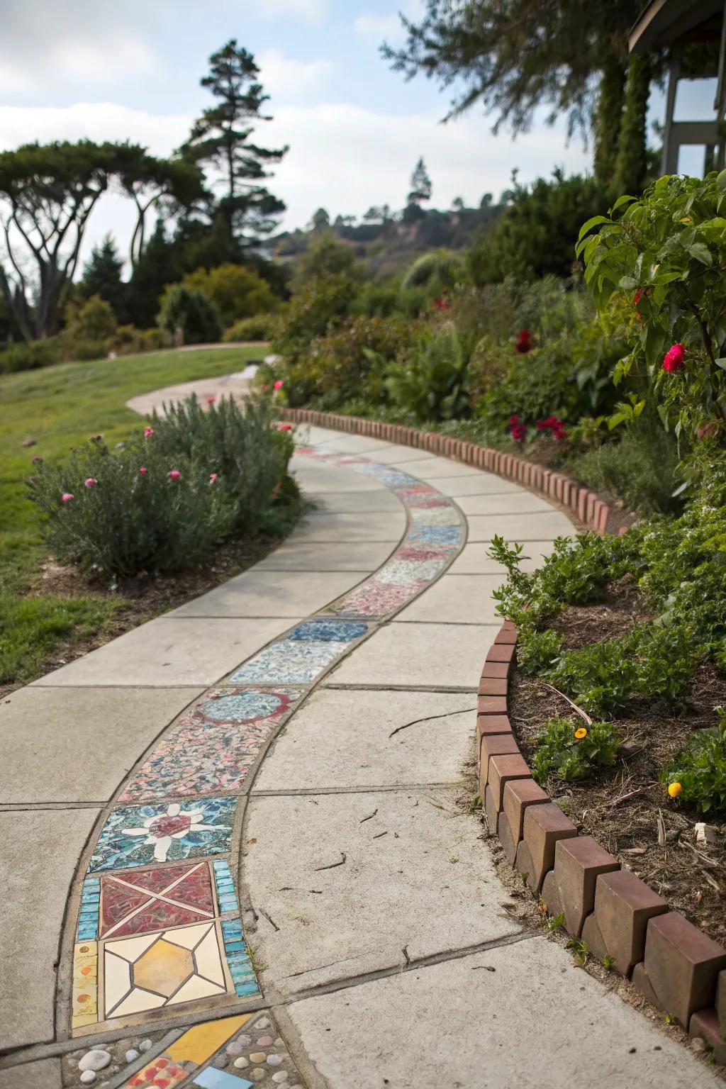 Mosaic tile details in a concrete walkway for a splash of artistry.