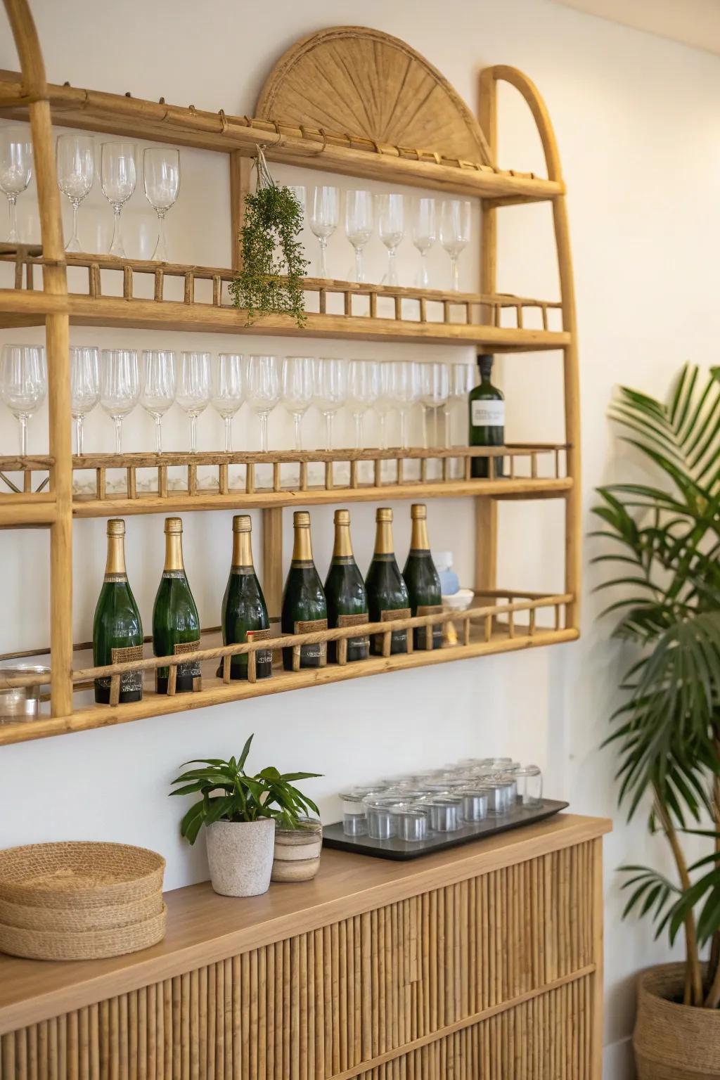 Eco-friendly bamboo shelves on a sparkling wine showcase.