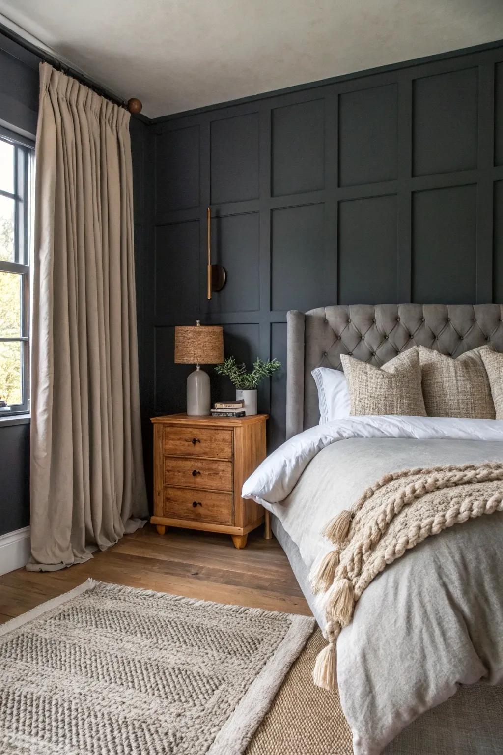 A mix of surfaces adds dimension to a deep gray bedroom.
