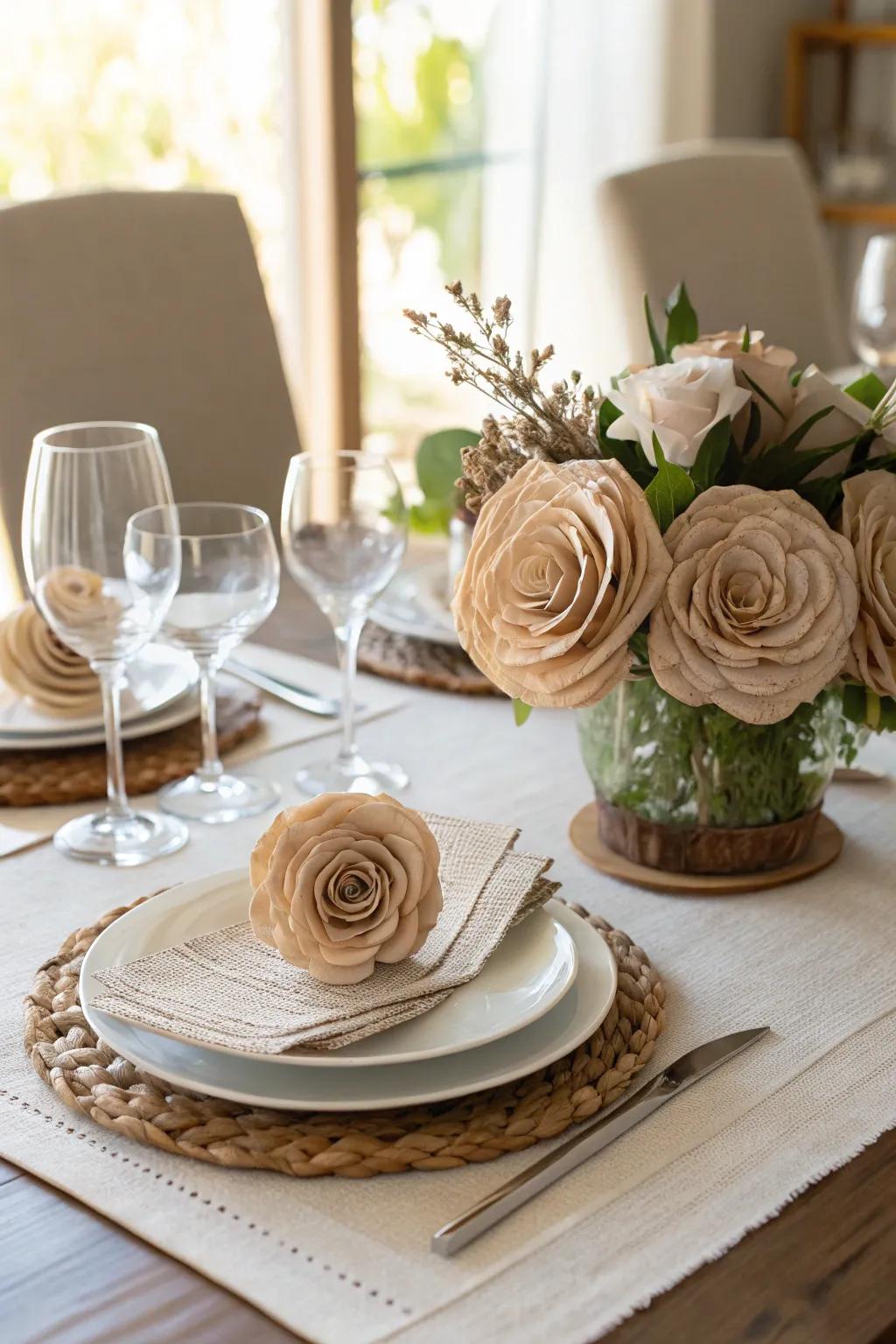 Crafted elements from recycled materials impart elegance and eco-friendliness.