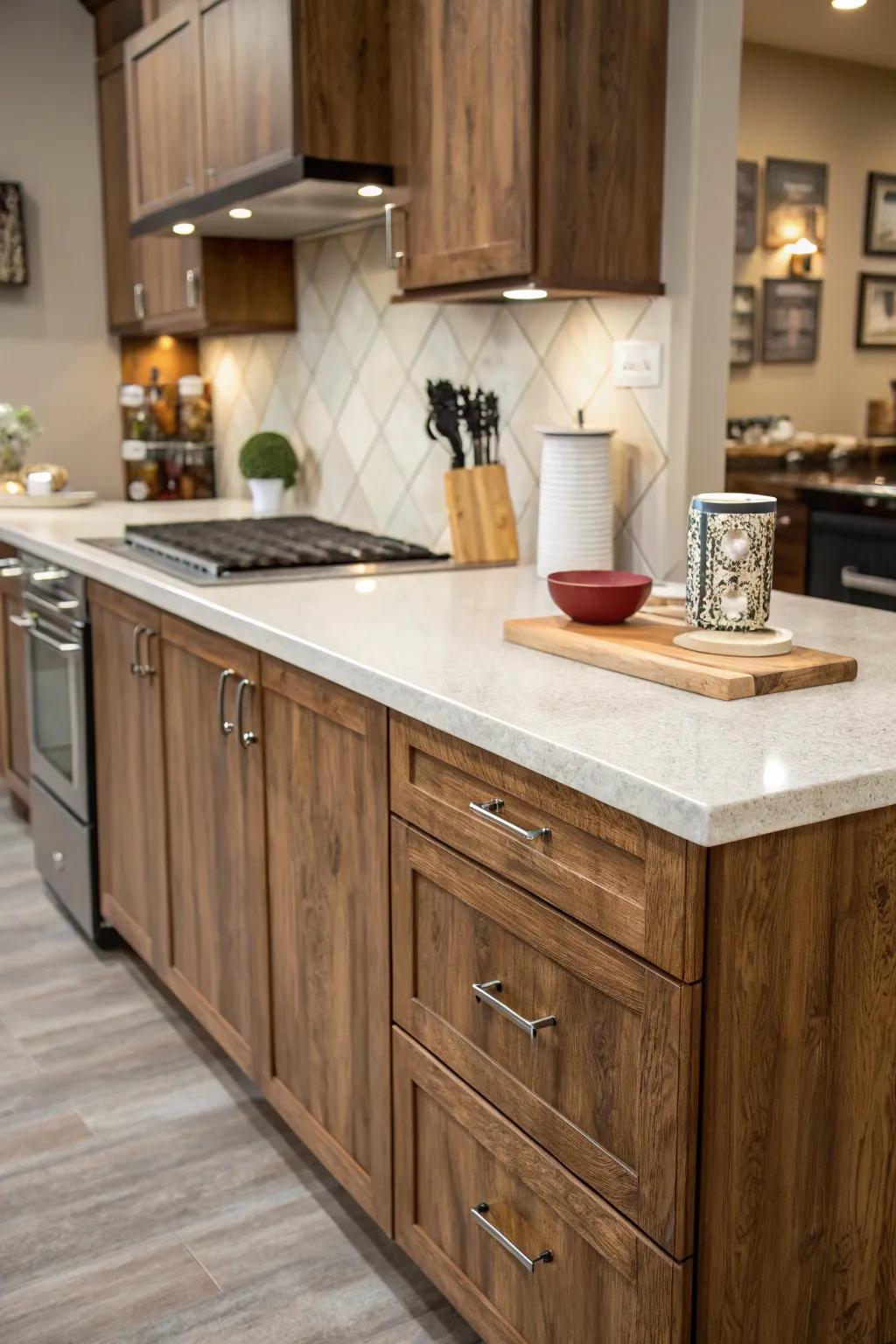 A stylish kitchen features countertops with a vinyl film.