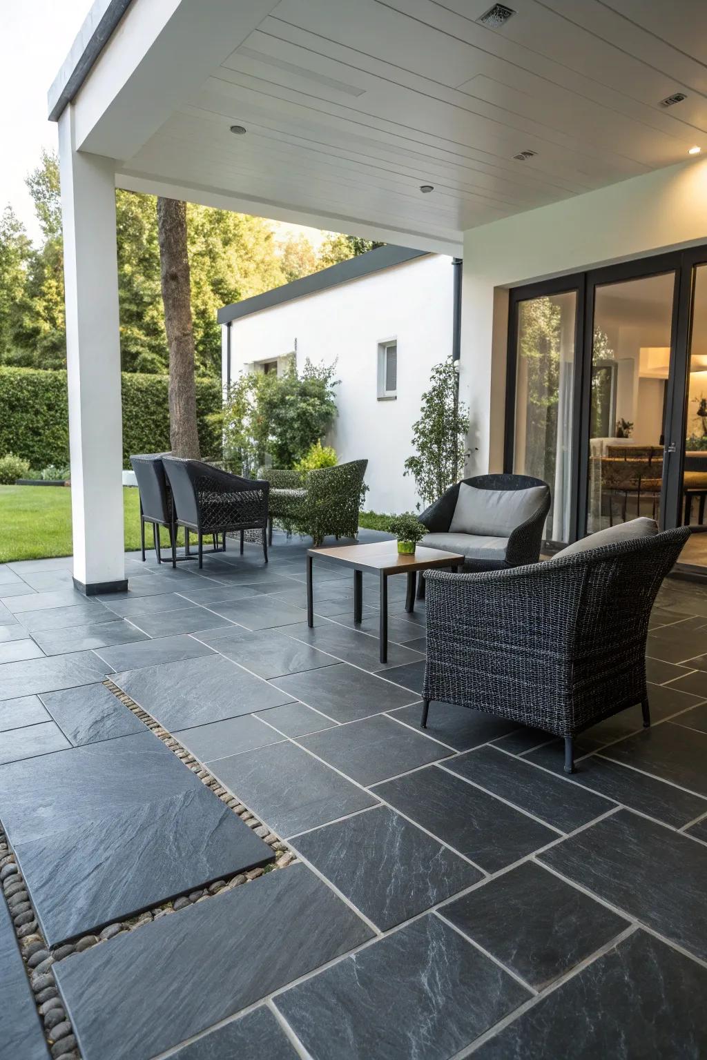 Sleek, modern patio look thanks to slate tiles.